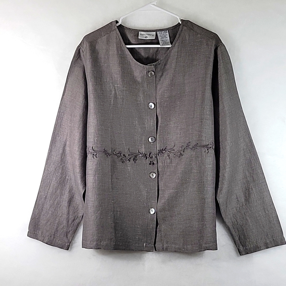 Kathy Ireland Women Button Down Embroidered Linen Blend Top XL